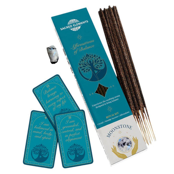 Set of incense sticks and cards with 'Sacred Elements' branding on a white background