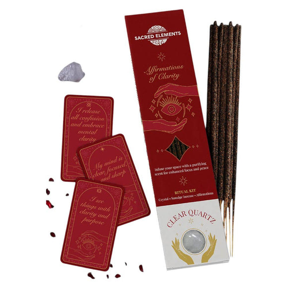 Sacred Elements affirmation cards, incense sticks, and crystal on a white background