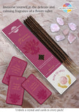 Incense sticks, cards, and crystals on a wooden surface with 'Sacred Elements' branding.