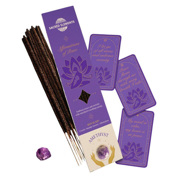Sacred Elements affirmation cards and incense sticks with a purple gemstone on a white background
