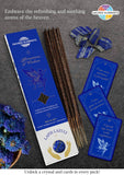 Incense sticks with packaging and crystals on a dark background, featuring 'Sacred Elements' brand.