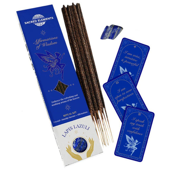 Lapis Lazuli incense sticks with packaging and cards on a white background
