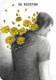 Illustration of a person with yellow flowers on their back, labeled '34. Rejection' and 'yellow carnation'.