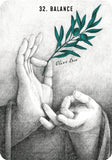 Illustration of two hands holding an olive branch with '32. Balance' text on a white background.