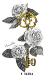 Decorative illustration of a key intertwined with camellia flowers on a white background.