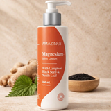 Bottle of Amazing Magnesium Joint Lotion with natural ingredients on a wooden background