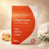 Package of Magnesium Joint Bath Flakes with MSM & Ginger on a neutral background