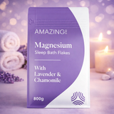 Purple packaging of magnesium sleep bath flakes with lavender and chamomile on a blurred background.