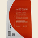 Back of a package for 'Amazing Health Restored Joint Bath Flakes' with text and a QR code.