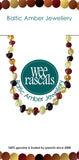 Colorful Baltic Amber necklace with 'Wee Rascals' branding on a white background