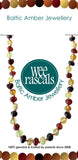 Colorful Baltic Amber necklace with 'Wee Rascals' branding on a white background