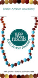 Colorful Baltic Amber necklace with 'Wee Rascals' branding on a white background.