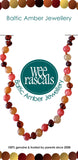 Beaded necklace with 'Wee Rascals Baltic Amber Jewellery' branding on a white background.