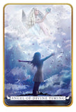 Card featuring an angelic figure with a blue gem and a silhouette of a person with outstretched arms, titled 'Angel of Divine Timing'.
