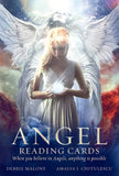 Book cover of 'Angel Reading Cards' featuring a woman with angel wings and a glowing orb.