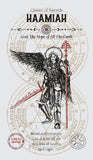Illustration of an angel holding a sword with astrological symbols and text around it.