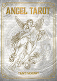 Book cover for 'Angel Tarot' by Travis McHenry, featuring a classical illustration of two winged angels embracing, with gold title and author text on a textured gray background.