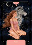 Illustration of a woman with a wolf on her shoulder against a starry night sky.