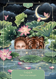 Illustration of a woman and a tiger peering over water with lotus flowers and a moon in the background.