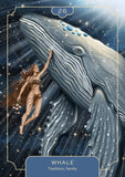 Illustration of a woman embracing a whale with celestial elements