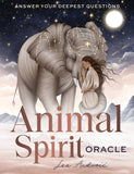 Book cover of 'Animal Spirit Oracle' featuring an illustration of a woman and an elephant against a starry night sky.