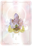 Card with a crystal formation and orchid on a pastel background, labeled 'Spirit Quartz' and 'Healing'.