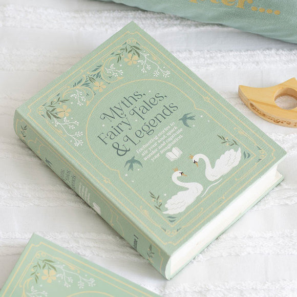 Book titled 'Myths, Fairy Tales & Legends' with decorative cover on a light background