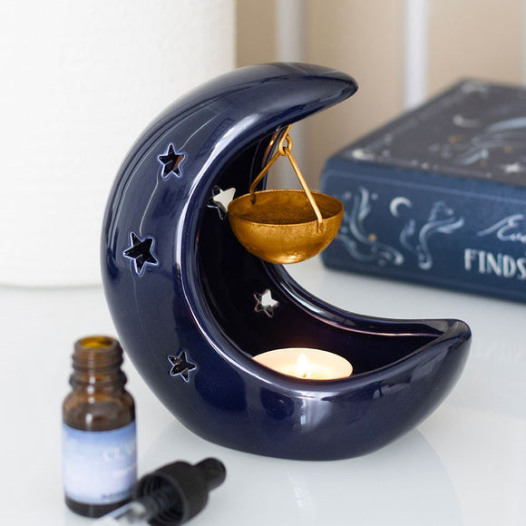 Blue Crescent Moon Hanging Ceramic Oil Burner with Metal Dish