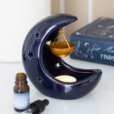 Blue Crescent Moon Hanging Ceramic Oil Burner with Metal Dish