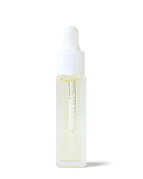 Skincare dropper bottle labeled 'Rose Revival' on a white background