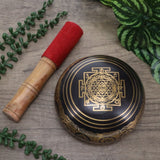 Decorative gong with red mallet on a wooden surface with green leaves.