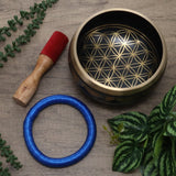 Decorative singing bowl with floral pattern, blue mallet, and red cushion on a wooden surface with green plants.