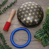 Decorative stone with geometric pattern, wooden mallet, and blue ring on a wooden surface with plants.