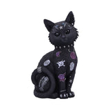 Black cat figurine with studded details and patches on a white background
