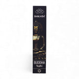 Bamboo incense packaging with Buddha illustration and Banjara branding on a white background