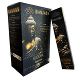 Banjara Buddha Essence incense packaging with a black and gold design.