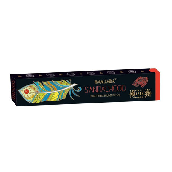 Box of Banjara Sandalwood incense with colorful design on a white background
