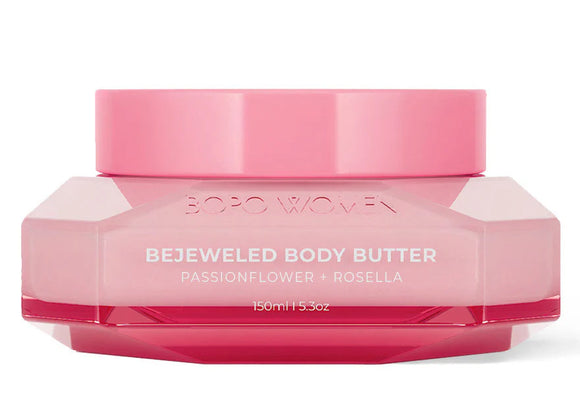 Pink jar of Bopo Women Bejeweled Body Butter on a white background