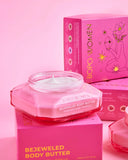 BOPO Women's bejeweled body butter with packaging on a pink background