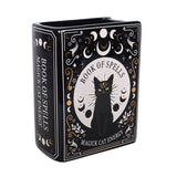 Black box with a cat illustration and 'Book of Spells' text on a white background