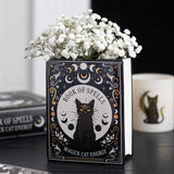 Decorative book titled 'Book of Spells: Magick Cat Energy' with a black cat illustration, surrounded by white flowers.
