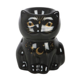 Black cat-shaped ceramic oil burner with gold accents on a white background