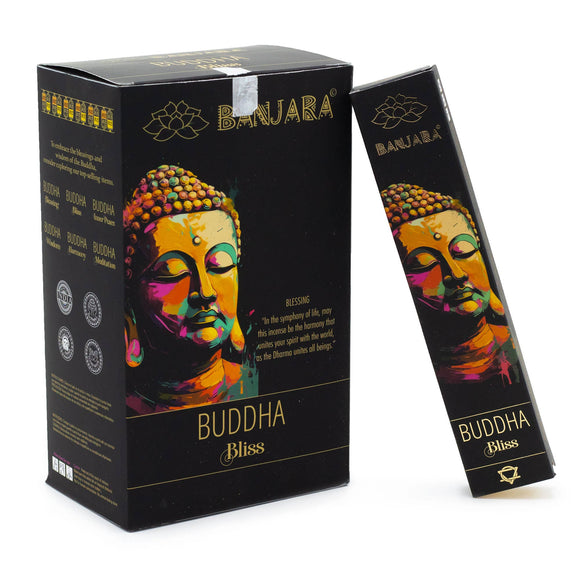 Buddha Bliss incense packaging with colorful Buddha illustration on a black background