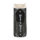 Black vase with 'Book of Spells' text on a white background
