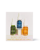 Bopo Women Face Oil Trio Set with three bottles on a white background