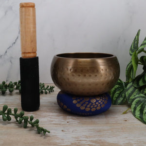 Bronze singing bowl with wooden handle on a wooden surface with plants