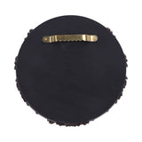 The back view of a round black wooden wall plaque or picture frame, featuring a textured dark rim and a brass-colored metal hanger at the top, shown on a plain white background.