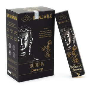Bhajara Buddha Blessing incense packaging with black and gold design.