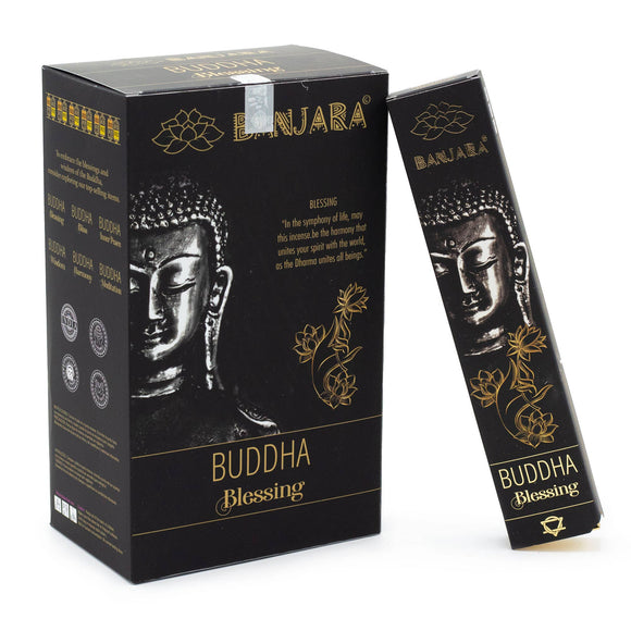 Bhajara Buddha Blessing incense packaging with black and gold design.