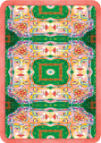 A square art print or card featuring a symmetrical, kaleidoscopic design with stylized faces, floral motifs, and geometric patterns in green, pink, orange, yellow, and blue.